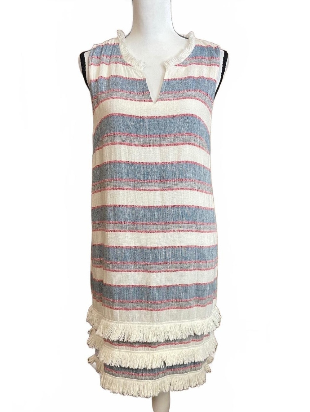 Chelsea & Theodore striped sleeveless shift dress with fringe detail 12
